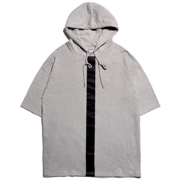 VERTICAL LINE HOODED SHORT SLEEVE T-SHIRT - BLACK