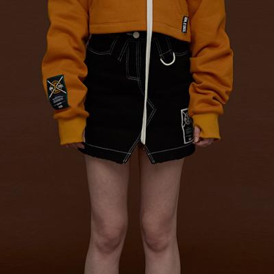 FUR LINING DENIM SKIRT_BLACK