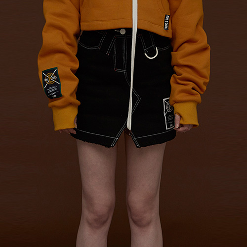 FUR LINING DENIM SKIRT_BLACK