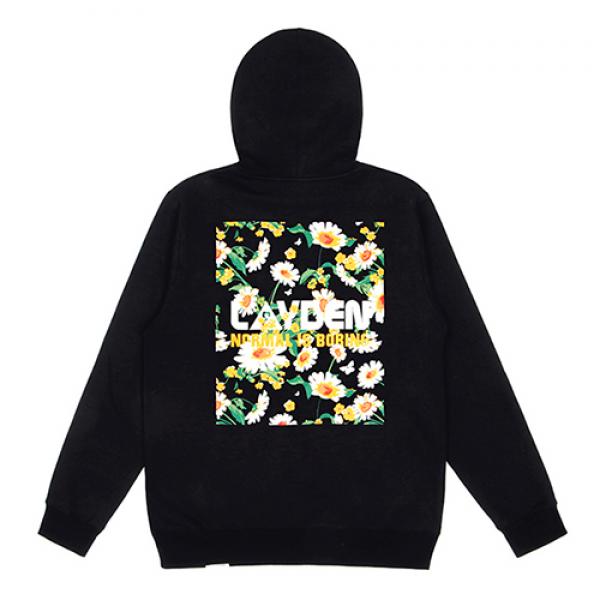 FLORAL BLOCK ZIP-UP HOODIE - BLACK