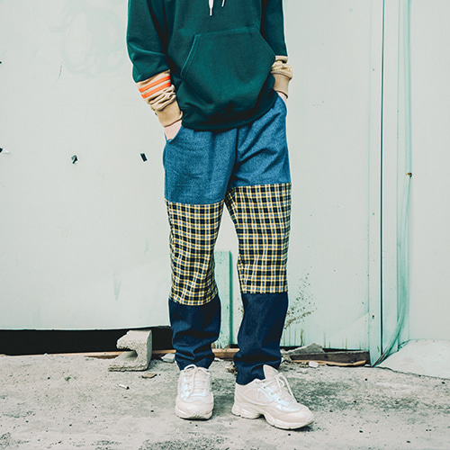 [088]CHECK BLOCK DENIM PANTS